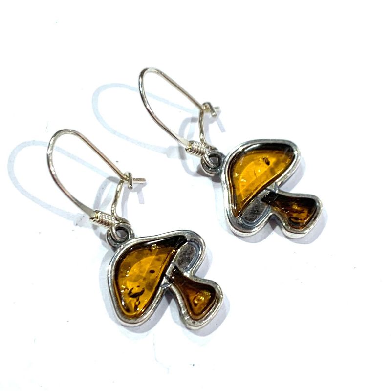 Silver Amber Mushroom Earrings