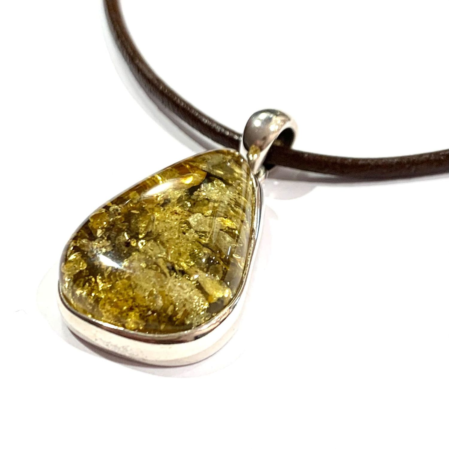Silver Amber Drop Pendant with Leather Chain