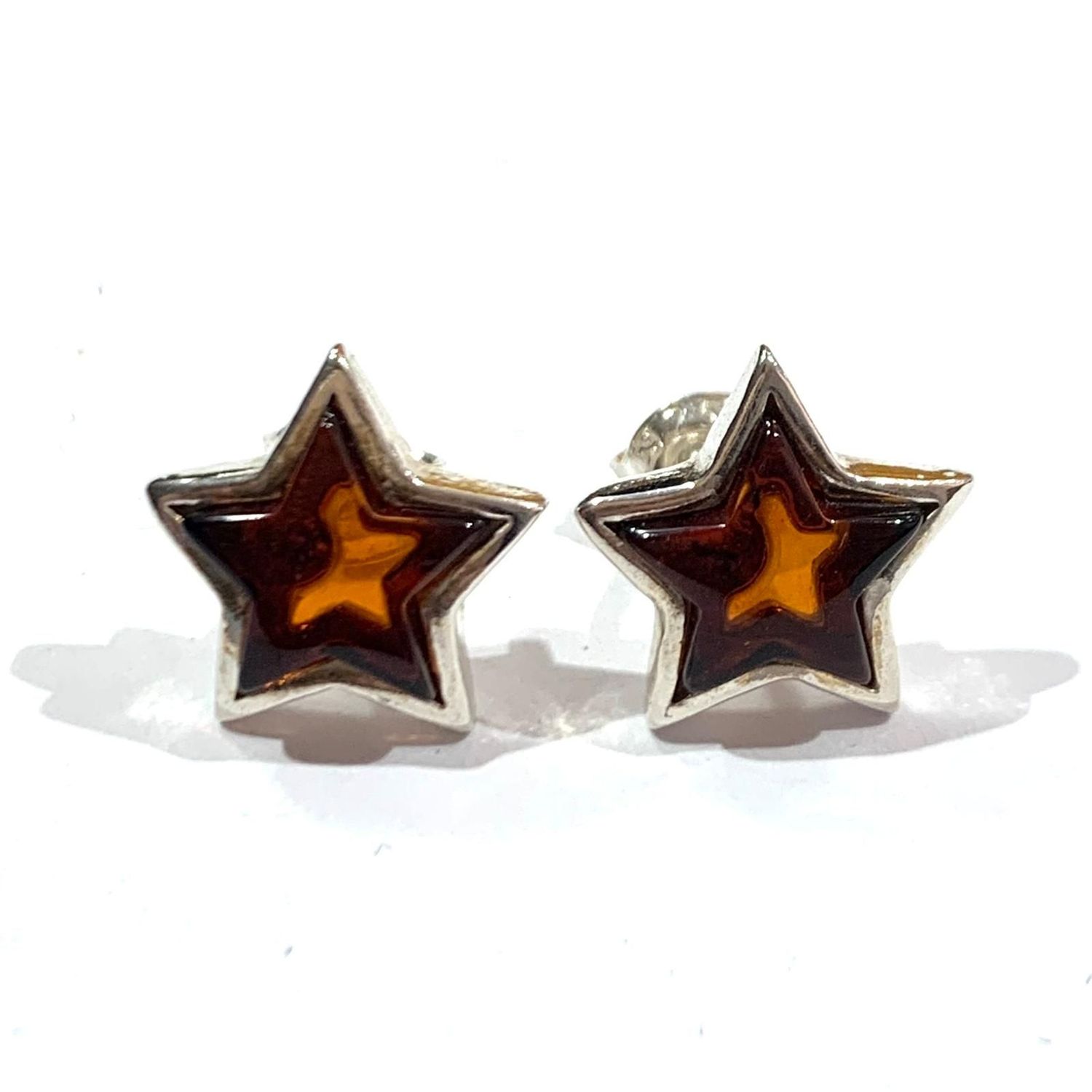 Silver Amber Star Stud Earrings