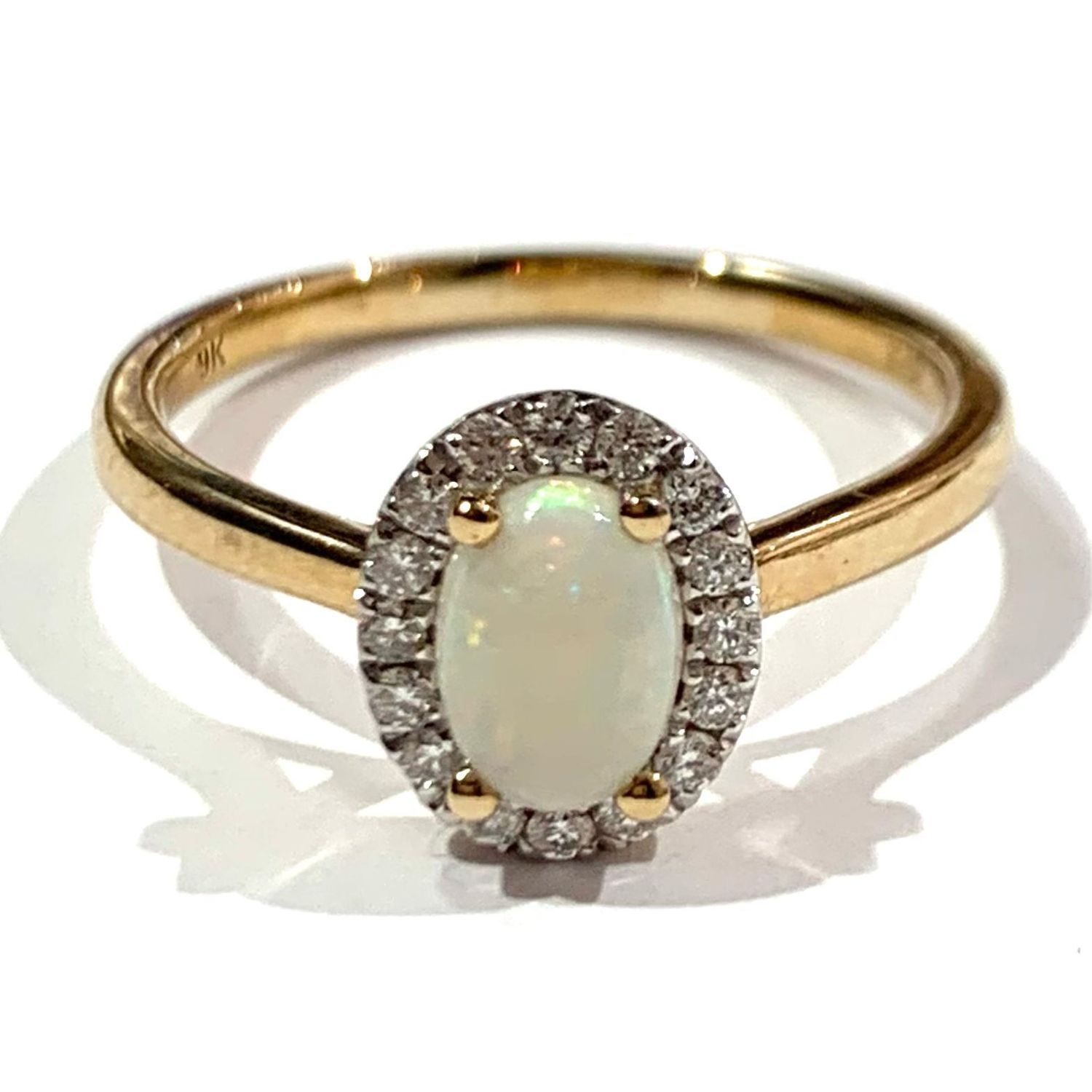 New 9ct Yellow Gold Opal and Diamond Ring, UK size O New 9ct Yellow Gold Opal and Diamond Ring, UK size O