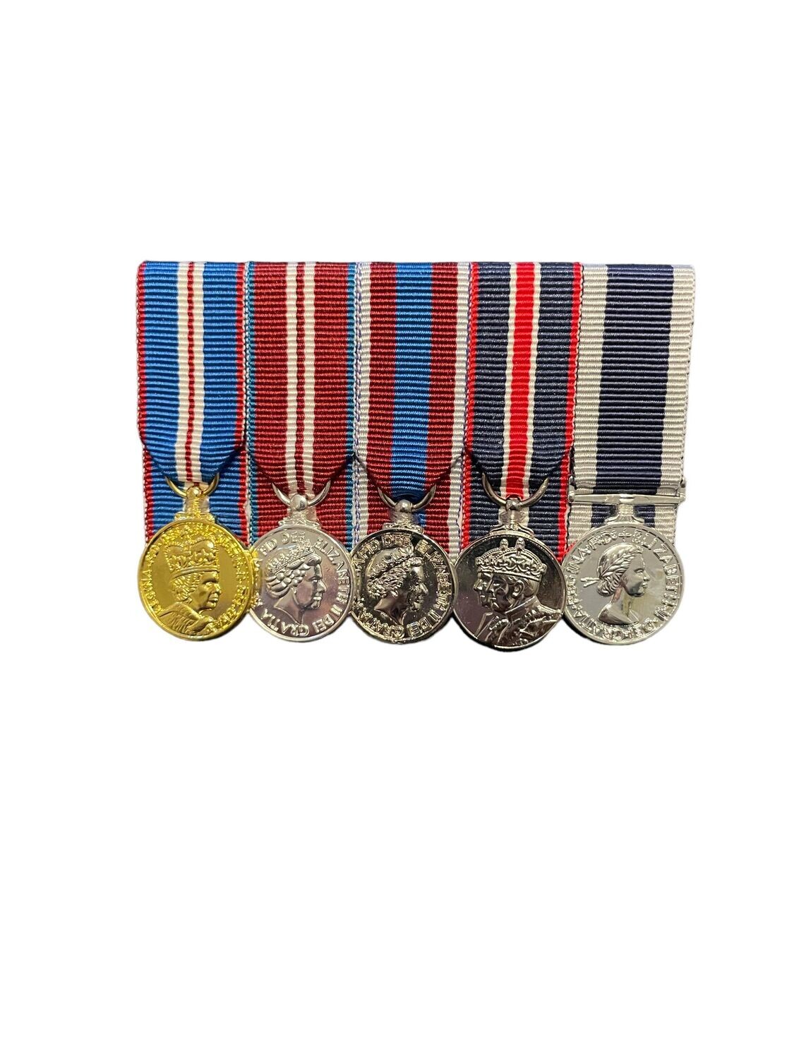 Court Mounted Miniature Medal Set, Golden, Diamond, Platinum Jubilee & King Coronation & Navy LSGC
