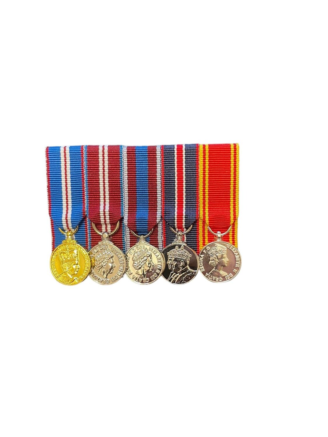 Court Mounted Miniature Medal Set, Golden, Diamond and Platinum Jubilees, Kings coronation, Fire LSGC