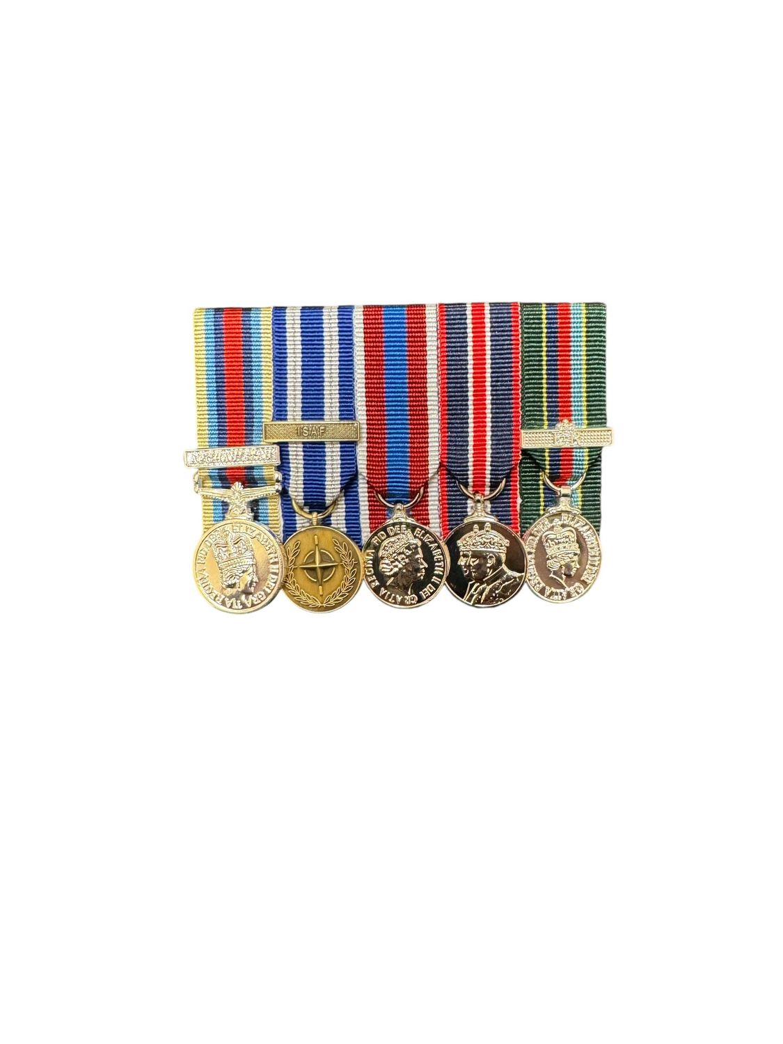 Court Mounted Miniature Medal Set,OSM Afghan ISAF Platinum Jubilee, Kings Coronation & VRSM with Bar