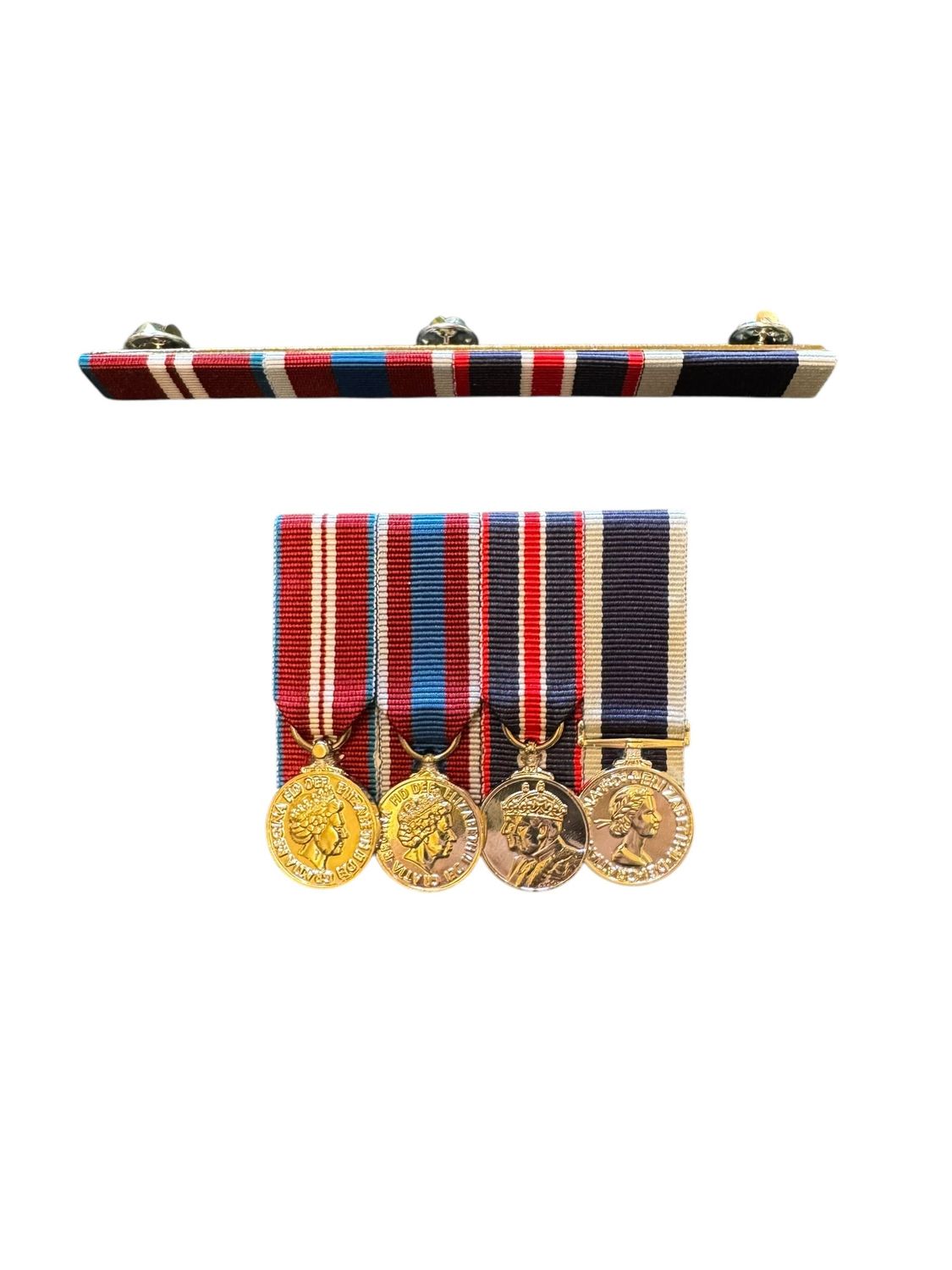 Court Mounted Miniature Medal Set, Diamond, Platinum Jubilee & King Coronation & Navy LSGC with matching ribbon bar on studs