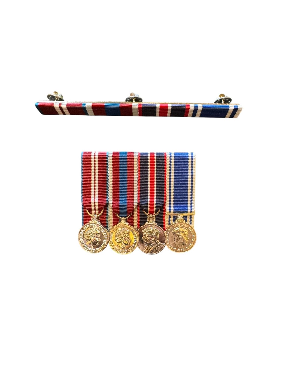 Court Mounted Miniature Medal Set, Diamond and Platinum Jubilees, Kings coronation, Police LSGC with matching ribbon bar on studs