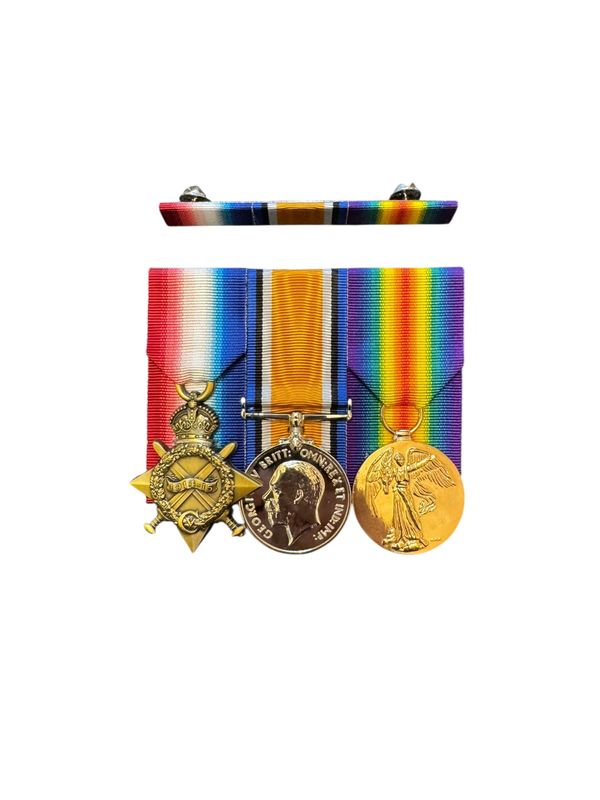 Court Mounted  Medal Set, WW1 Trio, 14 Star, War Medal, Victory Medal full size replicas with Ribbon Bar on Studs