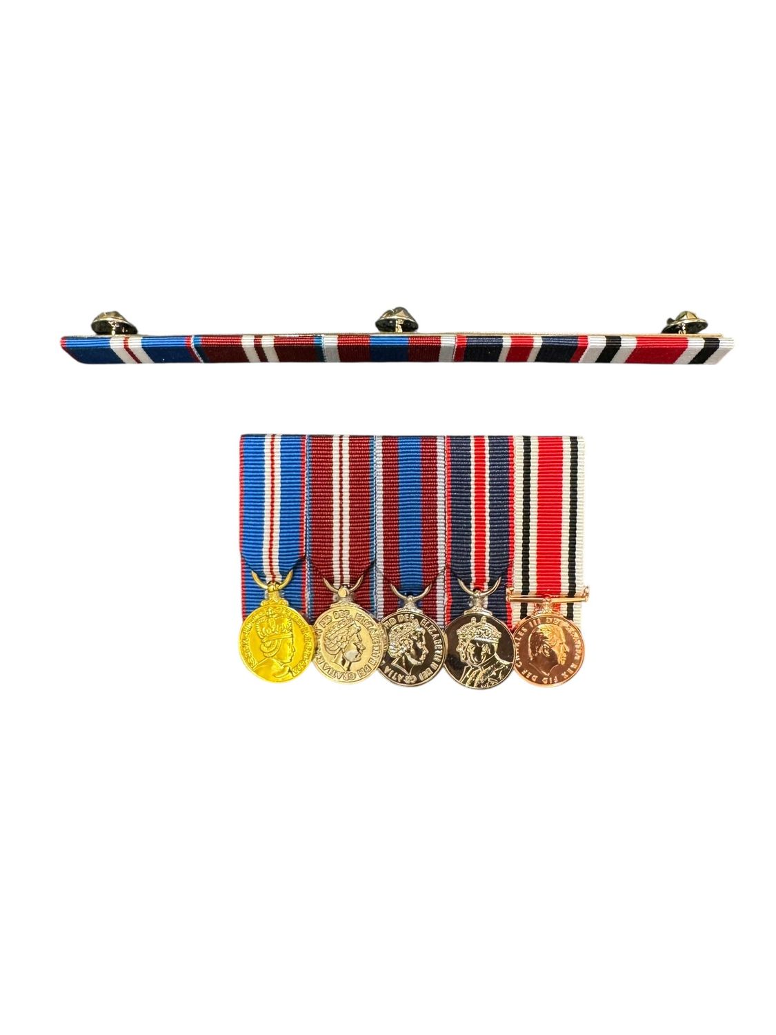 Court Mounted Miniature Medal Set, Golden, Diamond and Platinum Jubilees, Kings coronation, Police Special Constabulary long service CIIIR with Ribbon bar on studs