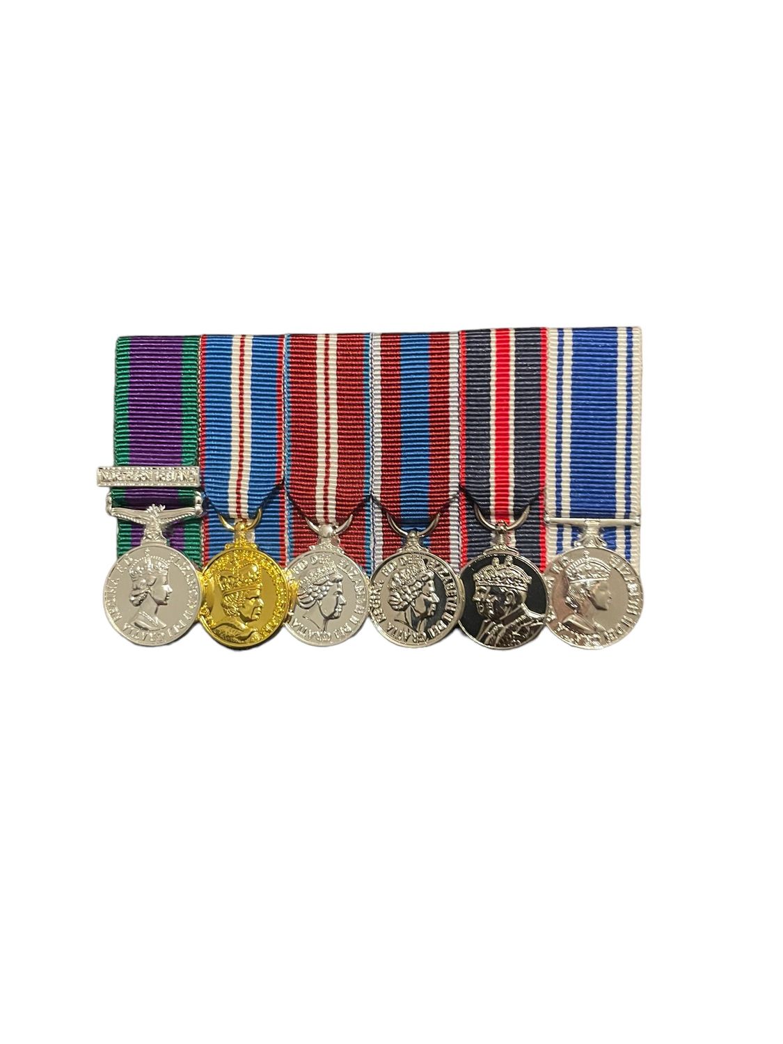 Court Mounted Miniature Medal Set, GSM with NI Clasp, Golden, Diamond, Platinum Jubilee & Kings Coronation &  Police LSGC EIIR