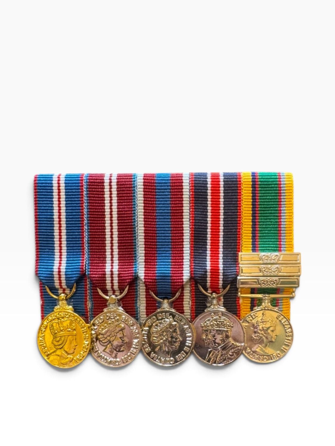 Court Mounted Miniature Medal Set, Golden, Diamond & Platinum Jubilee, Kings Coronation, Cadet forces medal with x 3 clasp