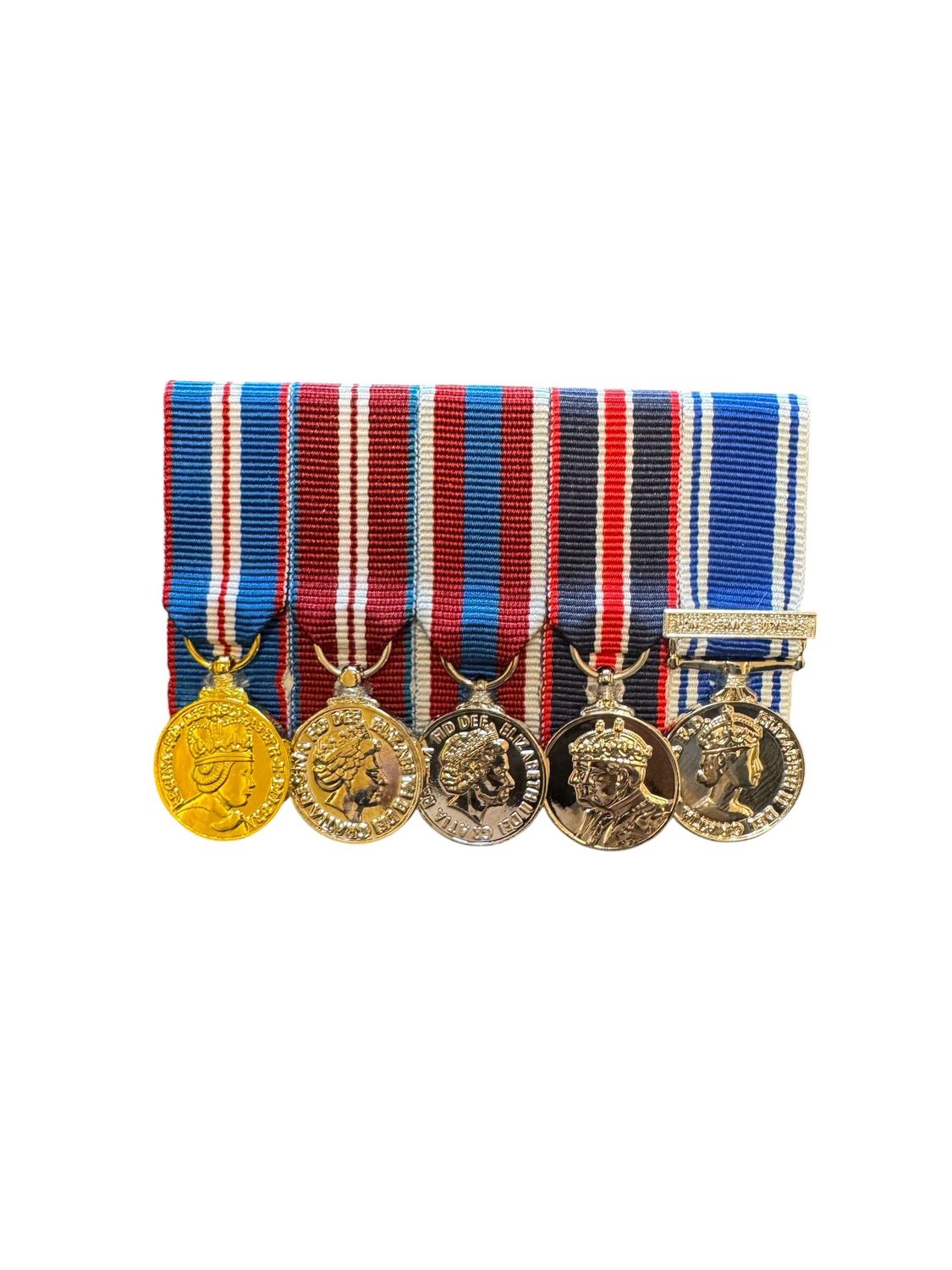 Court Mounted Miniature Medal Set, Golden, Diamond, Platinum Jubilee & Kings Coronation & Police LSGC & 30 Y Clasp Court Mounted Miniature Medal Set, Golden, Diamond, Platinum Jubilee & Kings Coronation & Police LSGC & 30 Y Clasp