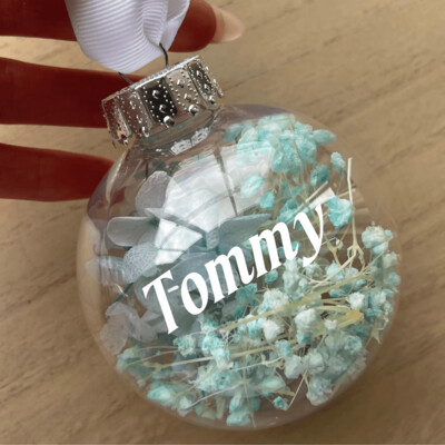 Frosty Blue Personalised Bauble with dried flowers