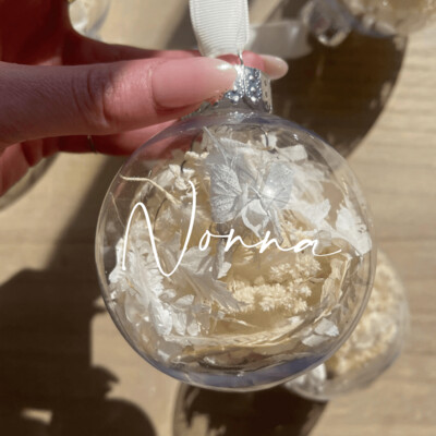 Snowglobe White Personalised Bauble with dried flowers