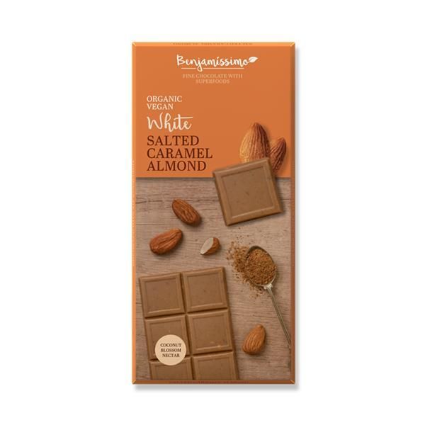 BENJAMISSIMO ORGANIC SALTED CARAMEL ALMOND WHITE CHOCOLATE 60g