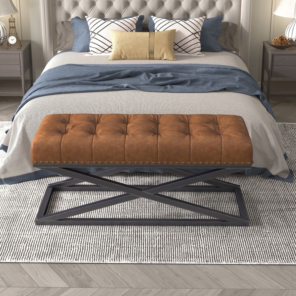 RETRO METAL BASE WITH VINTAGE DARK GREY VEGAN LEATHER BED BENCH, Options: Brown+Foam+technical leather