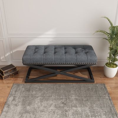 RETRO METAL BASE WITH VINTAGE DARK GREY VEGAN LEATHER BED BENCH