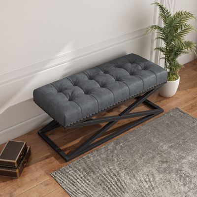 RETRO METAL BASE WITH VINTAGE DARK GREY VEGAN LEATHER BED BENCH