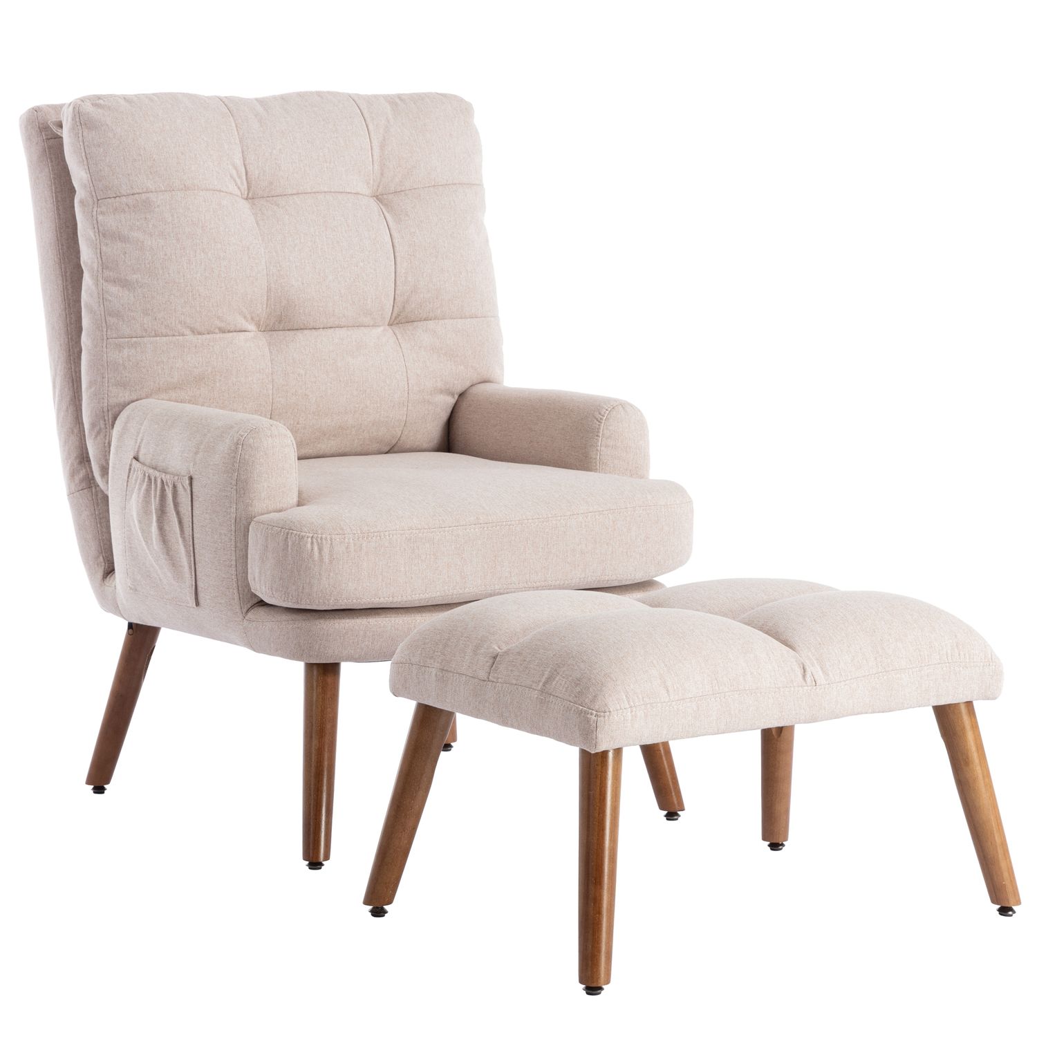 LOUNGE CHAIR WITH FOOTREST, 5-LEVEL ADJUSTABLE BACKREST, TILTABLE CHAISE WITH SIDE POUCH, Color: Beige