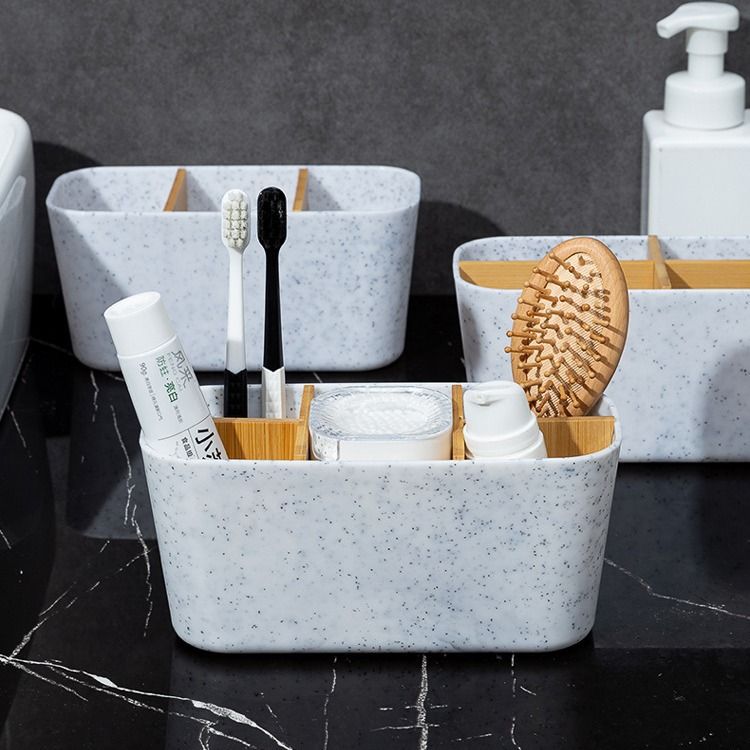 BAMBOO COMPARTMENT PLASTIC STORAGE BOX. HOLDER FOR TOOTHBRUSH TOOTHPASTE COMB IN BATHROOM OR PENS TOOLS IN OFFICE