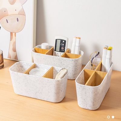BAMBOO COMPARTMENT PLASTIC STORAGE BOX. HOLDER FOR TOOTHBRUSH TOOTHPASTE COMB IN BATHROOM OR PENS TOOLS IN OFFICE