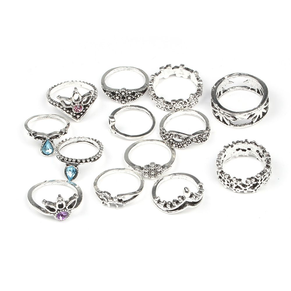 D0355 Cross-border New Joint Ring Set Retro Ethnic Style Exaggerated Gemstone Combination 13-piece Set Ring, Color: Ancient silver