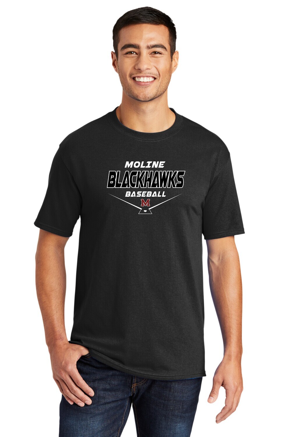 Moline Blackhawks Home Plate Logo 50/50 Blend Adult T-shirt