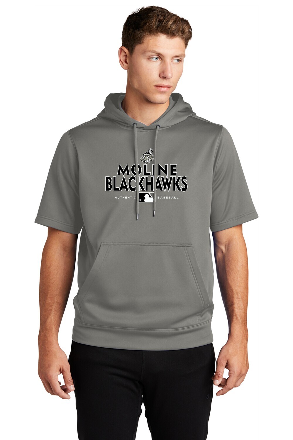 Moline Blackhawks Retro Logo Fleece Short Sleeve Hooded Pullover