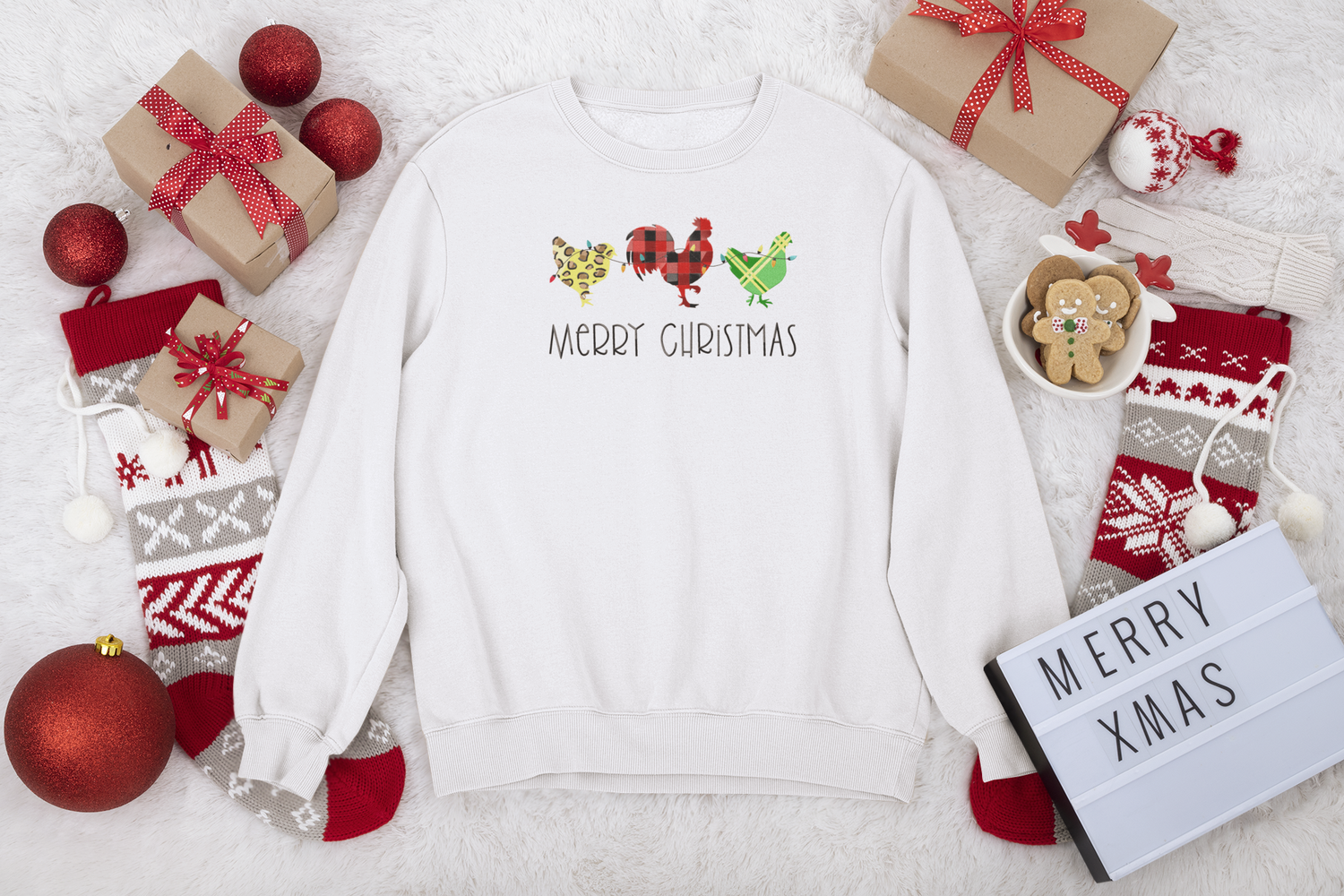 Merry Christmas Roosters Faux Embroidery DTF Transfer