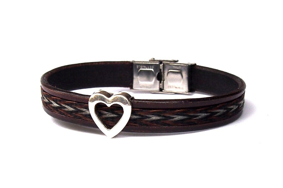 Leather bracelet with woven horsehair and metal HEART slider, equine memento