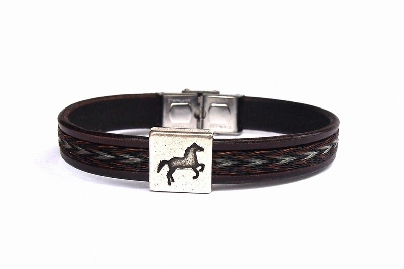 Leather bracelet with woven horsehair and metal HORSE slider, equine memento