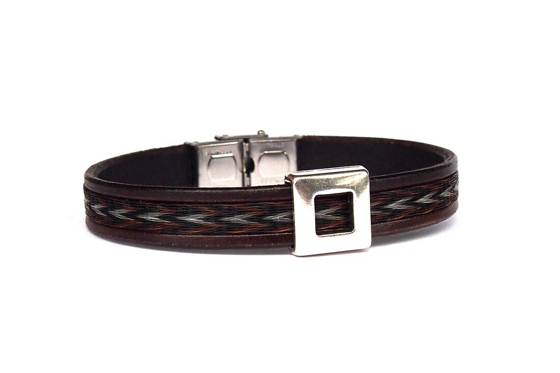 Leather bracelet with woven horsehair and metal SQUARE WINDOW slider