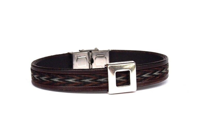 Leather bracelet with woven horsehair and metal SQUARE WINDOW slider