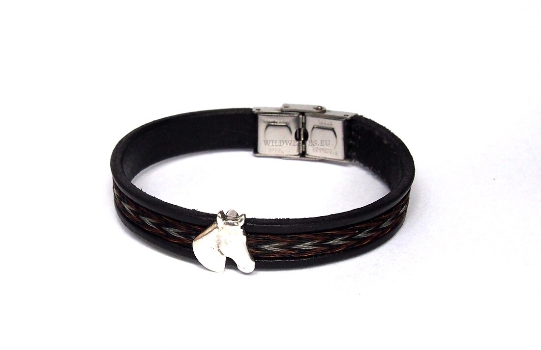 Leather bracelet with woven horsehair and metal HORSEHEAD slider