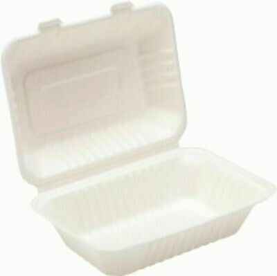 BAGASSE COMPOSTABLE HINGED MEAL BOXES (CLAMSHELL) 9" X 6" - x250 (HB10)