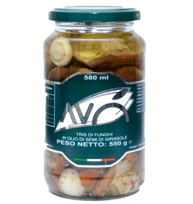 FUNGHI " TRIS" TRIO OF MUSHROOMS IN SUNFLOWER OIL - 290gr FUNGHI " TRIS" TRIO OF MUSHROOMS IN SUNFLOWER OIL - 290gr