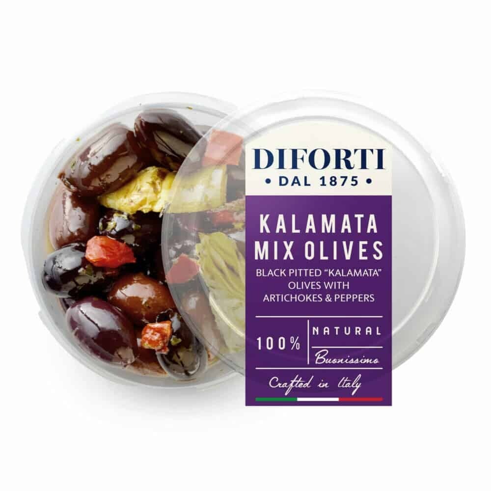 PITTED KALAMATA OLIVES WITH ARTICHOKES AND PEPPERS - 180gr