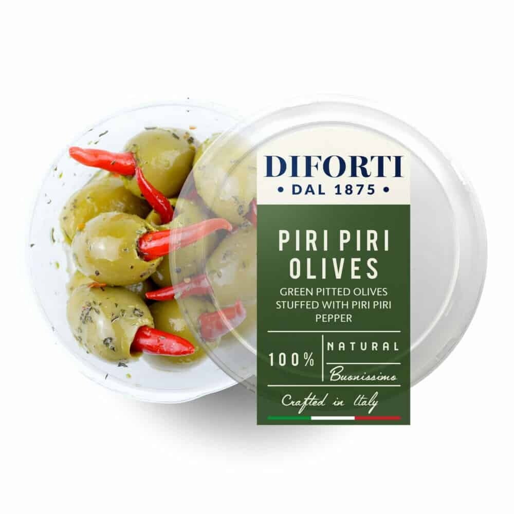 PITTED GREEN OLIVES STUFFED WITH PIRI PIRI PEPPERS - 180gr