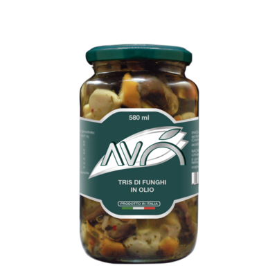 FUNGHI " TRIS" TRIO OF MUSHROOMS IN SUNFLOWER OIL - 550gr FUNGHI " TRIS" TRIO OF MUSHROOMS IN SUNFLOWER OIL - 550gr