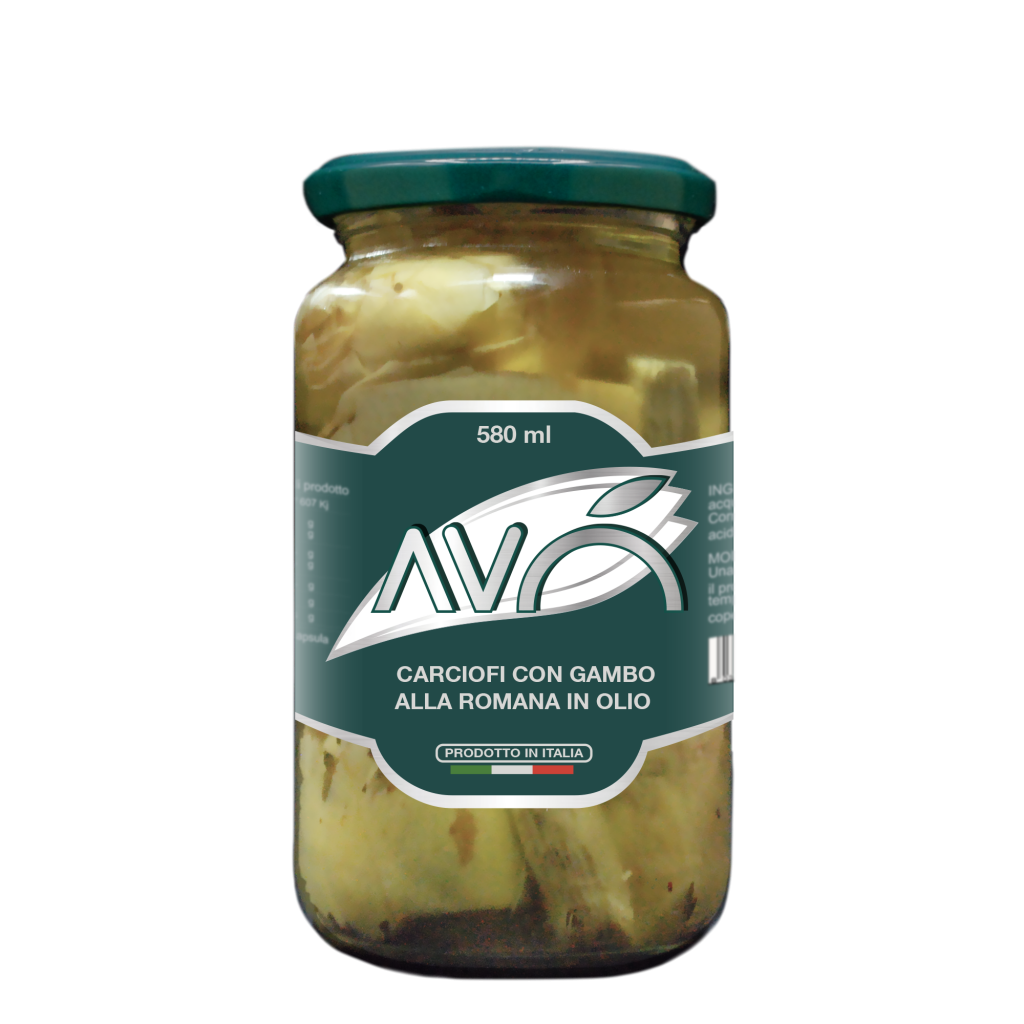 CARCIOFI CON GAMBO WHOLE ARTICHOKES WITH STEM IN SUNFLOWER OIL GLASS JAR - 580gr