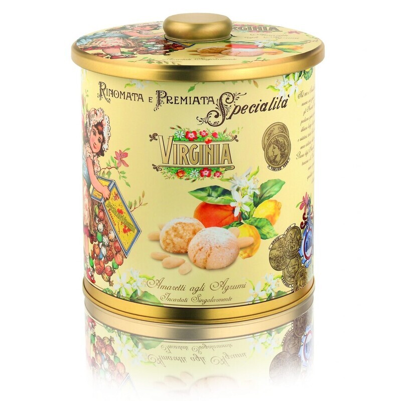 Virginia Soft Premium Amaretti Yellow Barrel Tin (Assorted Citrus Amaretti) – 220g