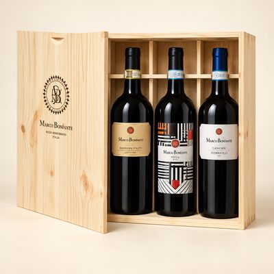 Marco Bonfante wine selection in an open three-bottle wooden gift box