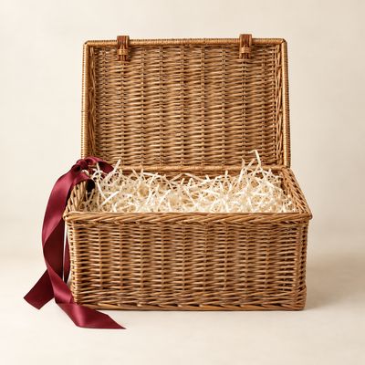 Open wicker Christmas hamper with cream filling and a burgundy ribbon, ready to fill with your own selection