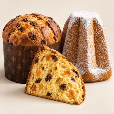 Traditional Italian panettone, icing-sugar-dusted pandoro and a slice of fruit panettone