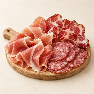 Italian prosciutto crudo, salami and coppa arranged on a wooden sharing board