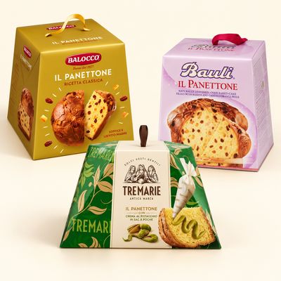 Bauli, Balocco and Tre Marie panettone in lilac, gold and green gift boxes