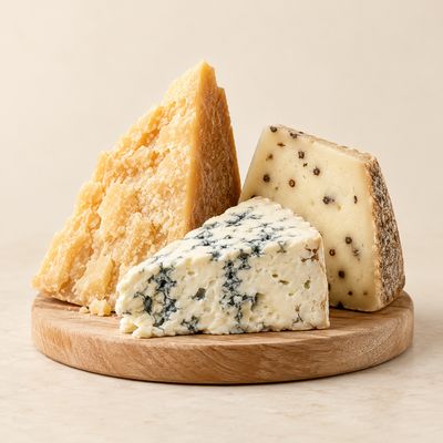 Parmigiano, black pepper pecorino and blue-veined Gorgonzola wedges on a wooden cheese board