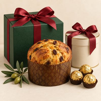 Italian Christmas gifting with a panettone, gold-wrapped chocolates and ribbon-tied gift boxes