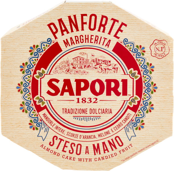 Sapori Panforte Margherita 280g in its cream hexagonal gift box