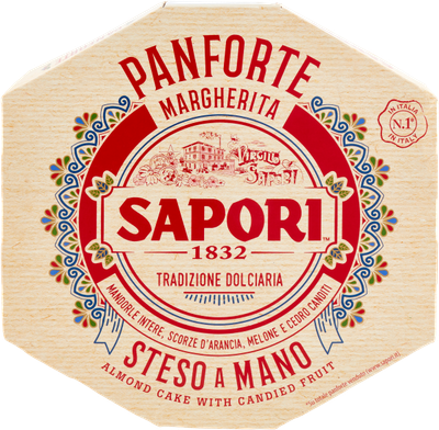 Sapori Panforte Margherita 280g in its cream hexagonal gift box