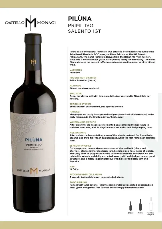 Piluna Primitivo Salento IGT - Castello Monaci 0,75L ABV 13.5%