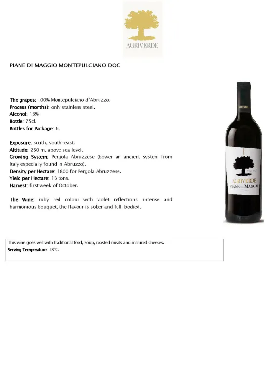 Montepulciano D' Abruzzo DOC ‘Piane di Maggio’ - Agriverde 0,75L ABV 13%